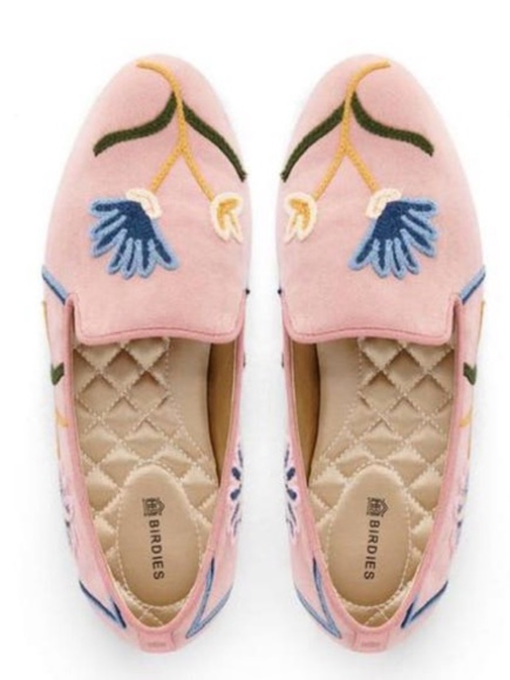 Birdies Pink Velvet Floral Embroider Loafers